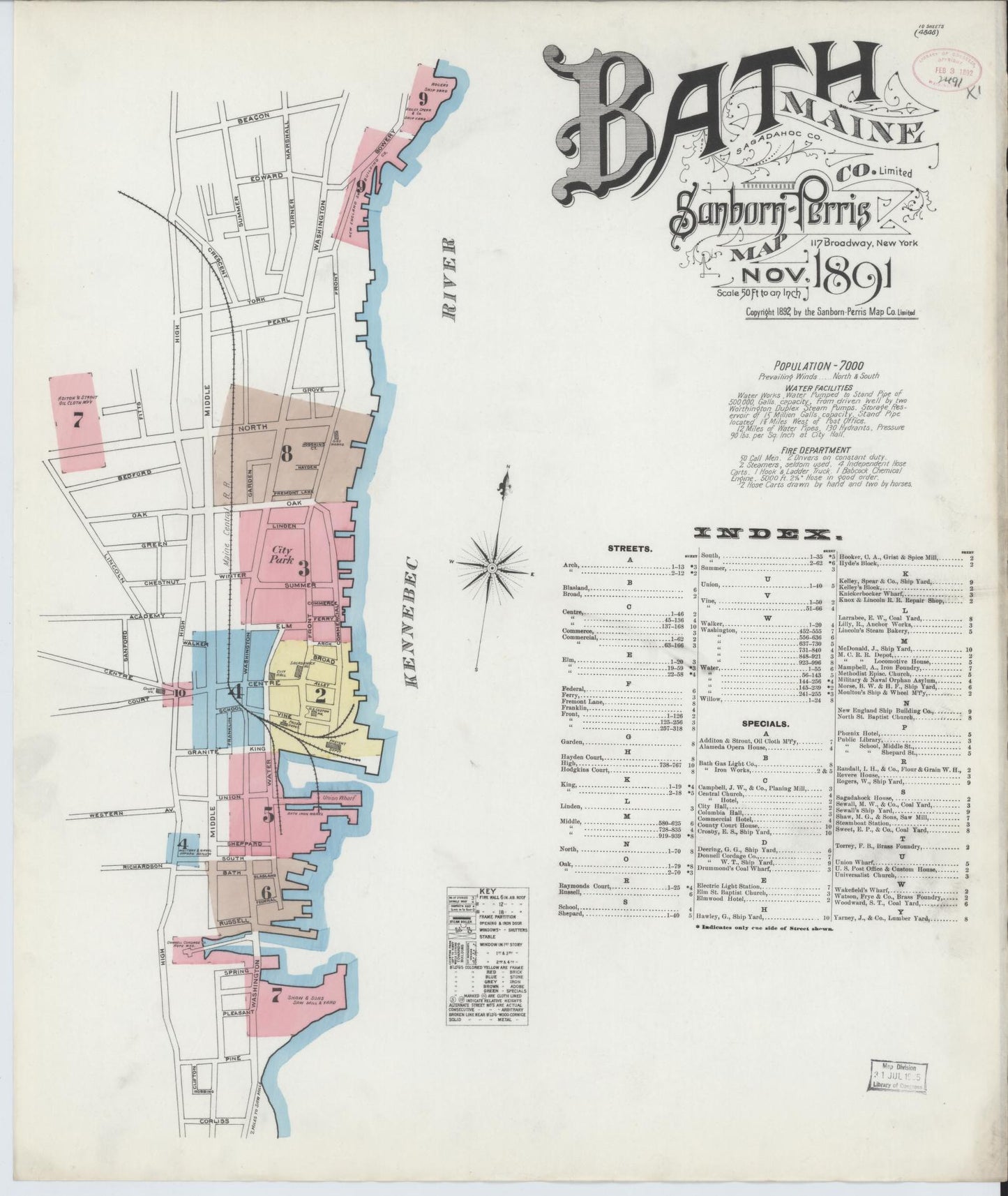 Sanborn Fire Insurance Map from Bath, Sagadahoc County, Maine (1891), Sheet #0001 - Historic Sanborn Fire Insurance Map Print, vintage old map wall art, antique decor, genealogy gift, Maine Maine map