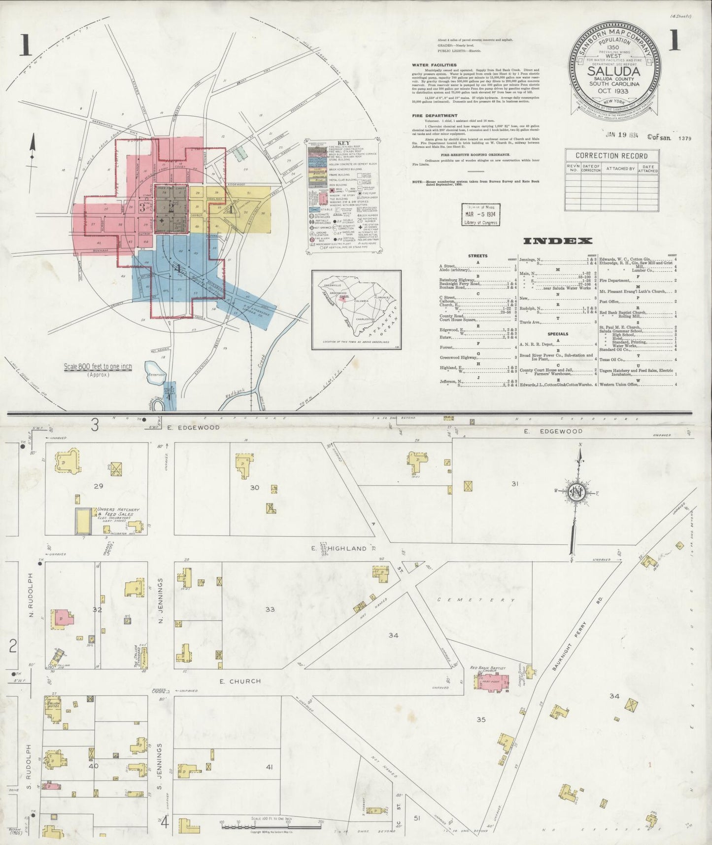 Sanborn Fire Insurance Map from Saluda, Saluda County, South Carolina (1933), Sheet #0001 - Complete Map Set gallery image, historic Sanborn map, vintage wall art, South Carolina South Carolina