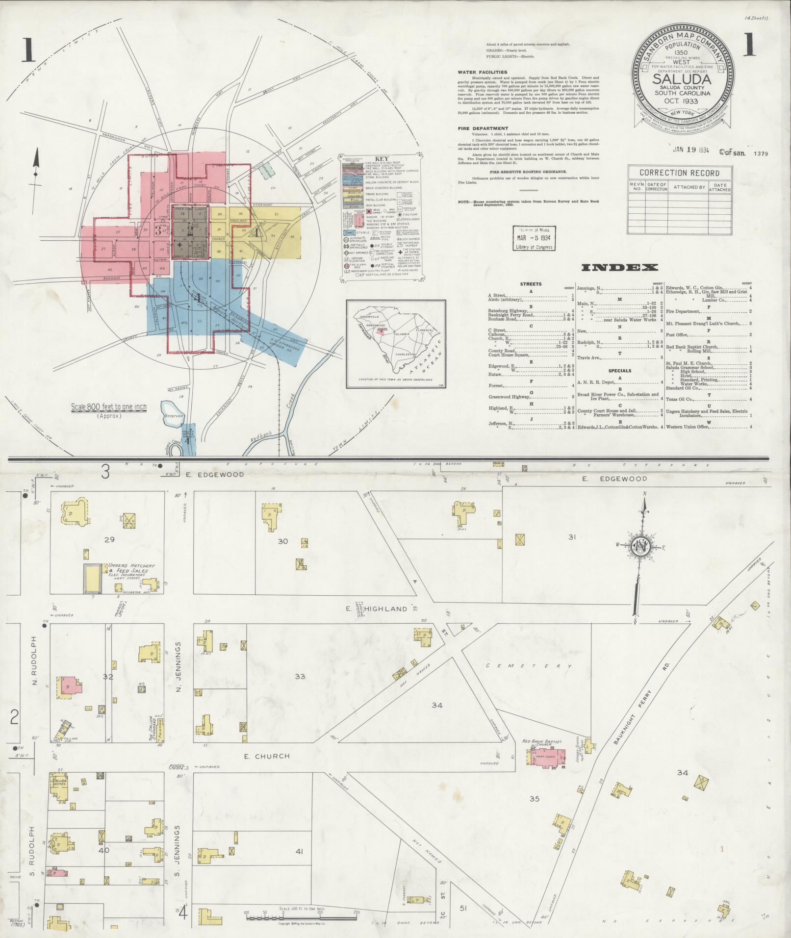 Sanborn Fire Insurance Map from Saluda, Saluda County, South Carolina (1933), Sheet #0001 - Complete Map Set gallery image, historic Sanborn map, vintage wall art, South Carolina South Carolina