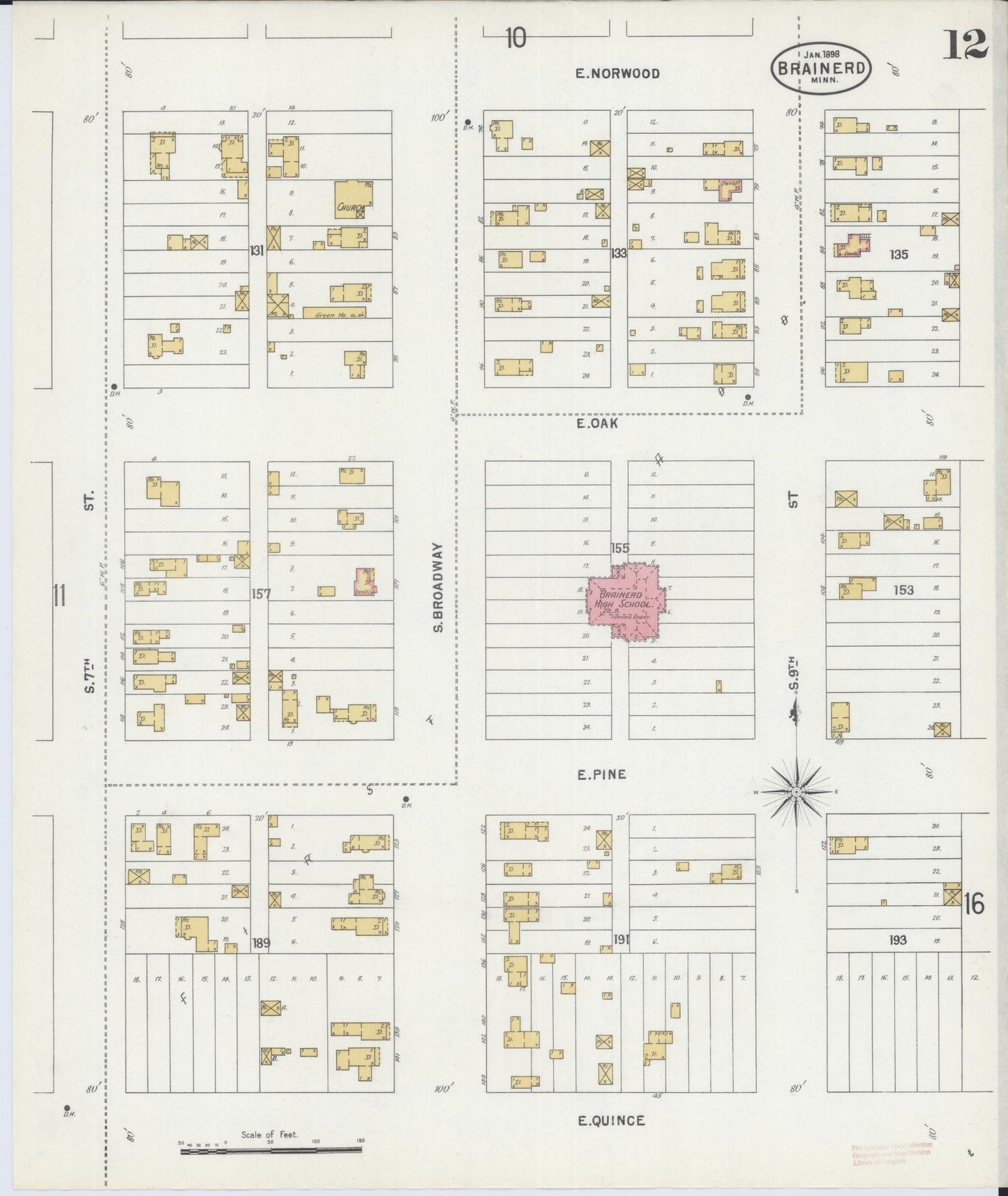 Sanborn Fire Insurance Map from Brainerd, Crow Wing County, Minnesota (1898), Sheet #0012 - Complete Map Set gallery image, historic Sanborn map, vintage wall art, Minnesota Minnesota