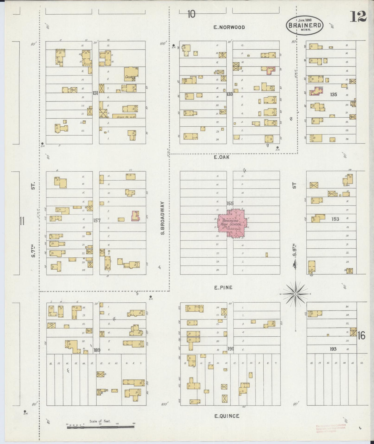 Sanborn Fire Insurance Map from Brainerd, Crow Wing County, Minnesota (1898), Sheet #0012 - Complete Map Set gallery image, historic Sanborn map, vintage wall art, Minnesota Minnesota