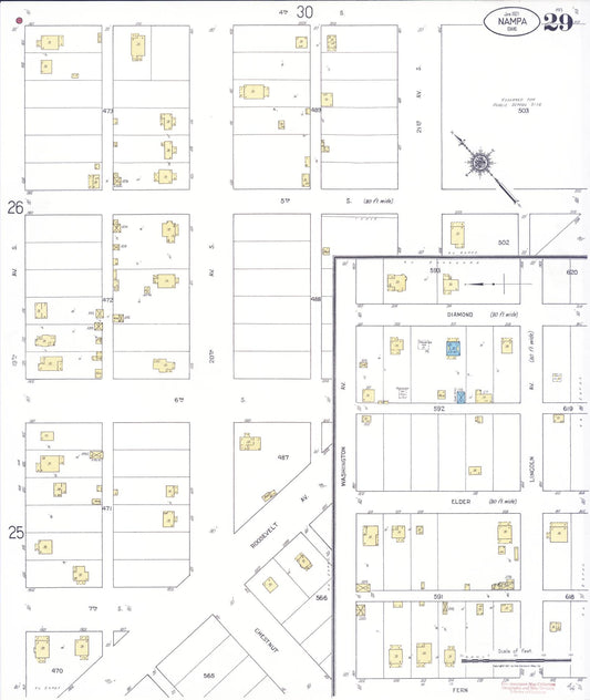 Sanborn Fire Insurance Map from Nampa, Canyon County, Idaho (1921), Sheet #0029 - Historic Sanborn Fire Insurance Map Print, vintage old map wall art, antique decor, genealogy gift, Idaho Idaho map