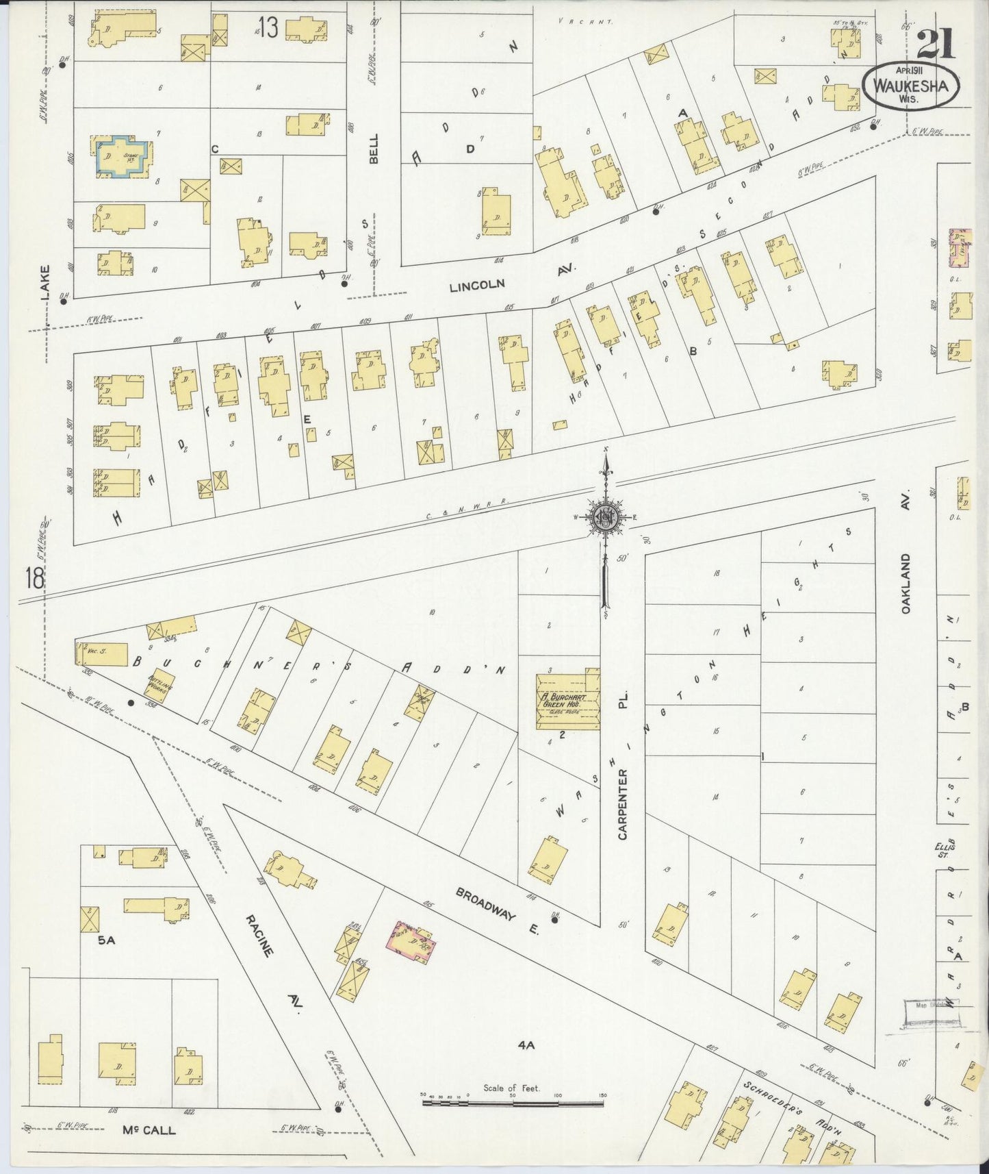 Sanborn Fire Insurance Map from Waukesha, Waukesha County, Wisconsin (1911), Sheet #0021 - Complete Map Set gallery image, historic Sanborn map, vintage wall art, Wisconsin Wisconsin