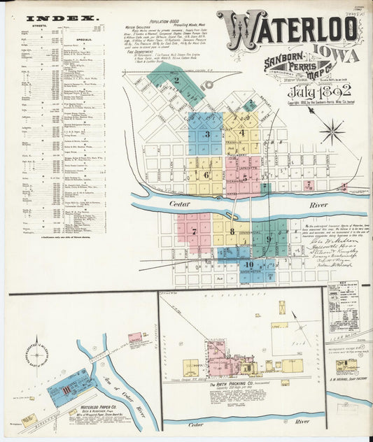 Sanborn Fire Insurance Map from Waterloo, Black Hawk County, Iowa (1892), Sheet #0001 - Historic Sanborn Fire Insurance Map Print, vintage old map wall art