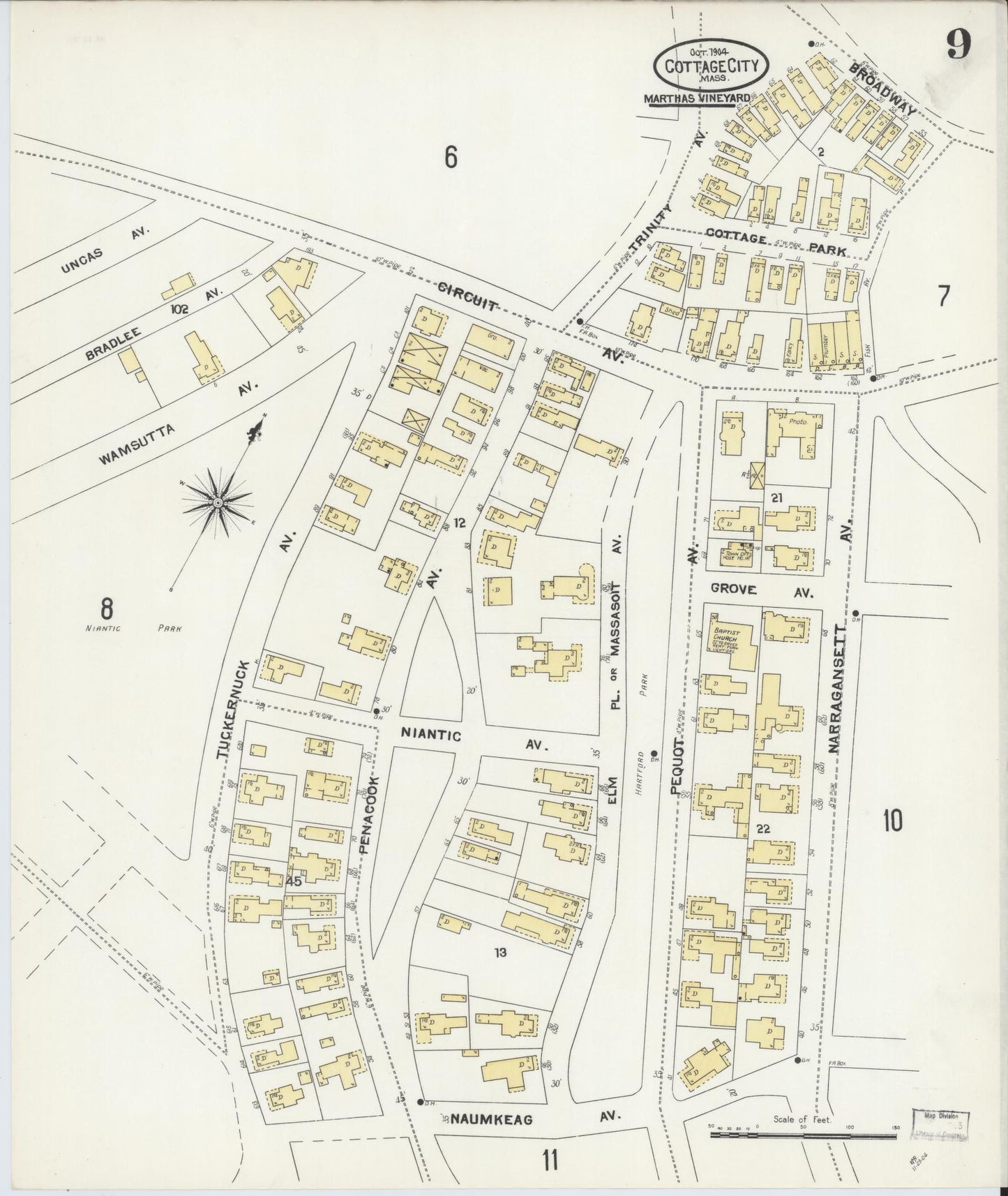 Sanborn Fire Insurance Map from Cottage City, Dukes County, Massachusetts (1904), Sheet #0009 - Historic Sanborn Fire Insurance Map Print, vintage old map wall art, antique decor, genealogy gift, Massachusetts Massachusetts map