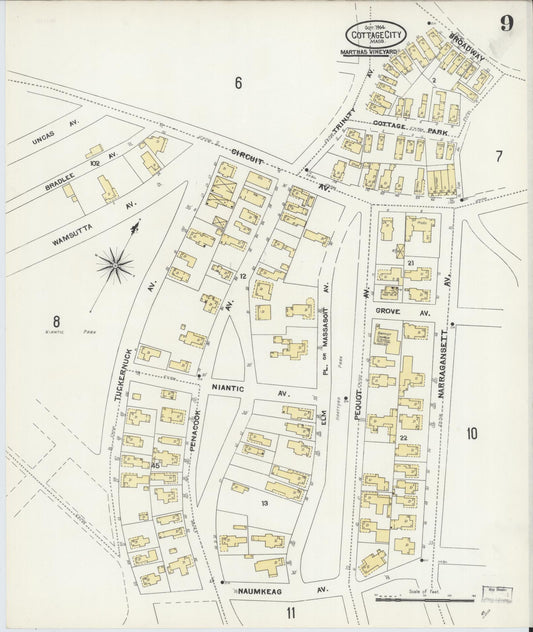 Sanborn Fire Insurance Map from Cottage City, Dukes County, Massachusetts (1904), Sheet #0009 - Historic Sanborn Fire Insurance Map Print, vintage old map wall art, antique decor, genealogy gift, Massachusetts Massachusetts map