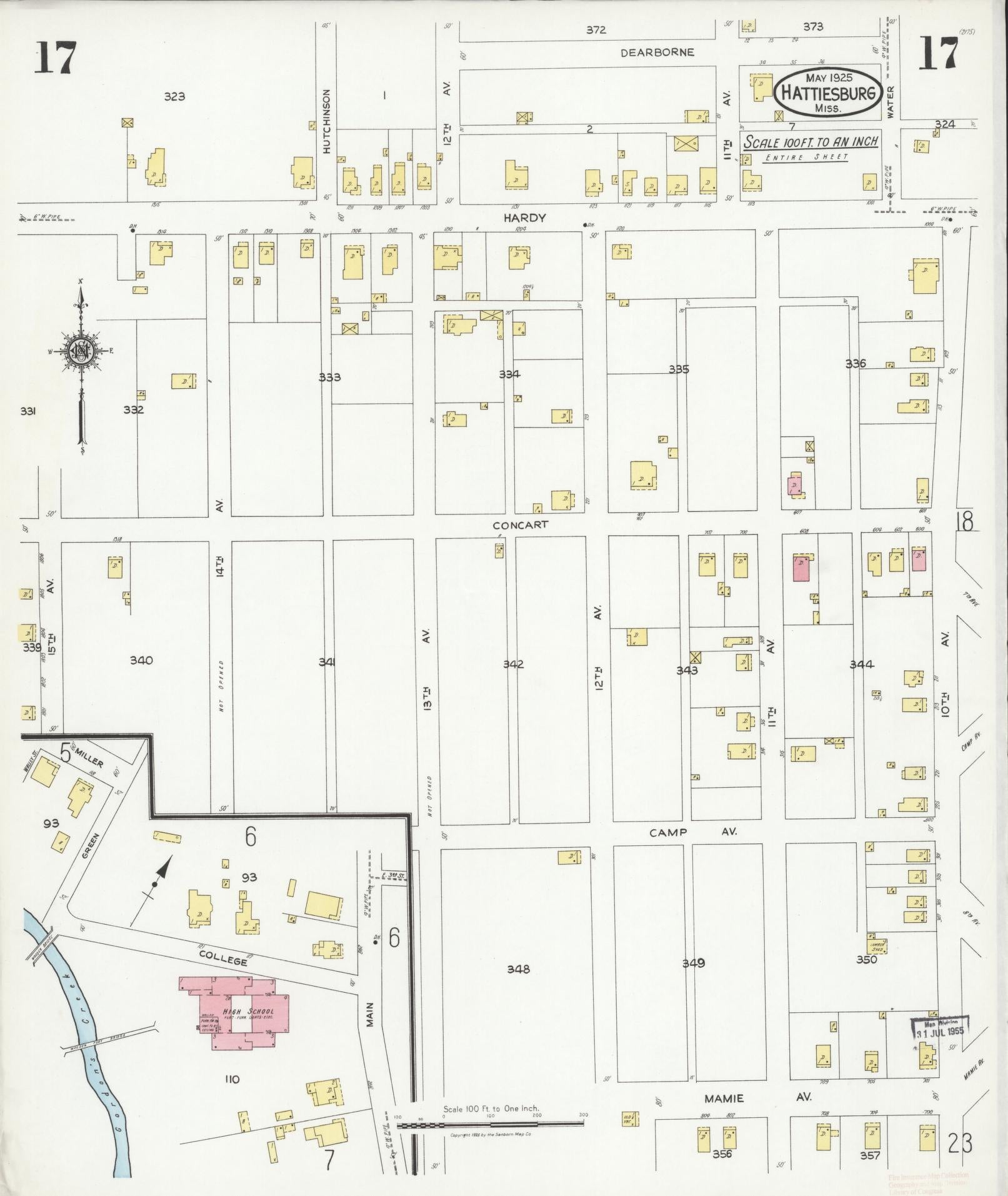 Sanborn Fire Insurance Map from Hattiesburg, Forrest County, Mississippi (1925), Sheet #0017 - Historic Sanborn Fire Insurance Map Print, vintage old map wall art, antique decor, genealogy gift, Mississippi Mississippi map