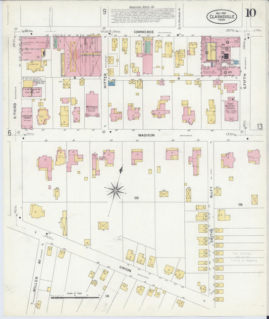 Sanborn Fire Insurance Map from Clarksville, Montgomery County, Tennessee (1908), Sheet #0010 - Historic Sanborn Fire Insurance Map Print, vintage old map wall art, antique decor, genealogy gift, Tennessee Tennessee map