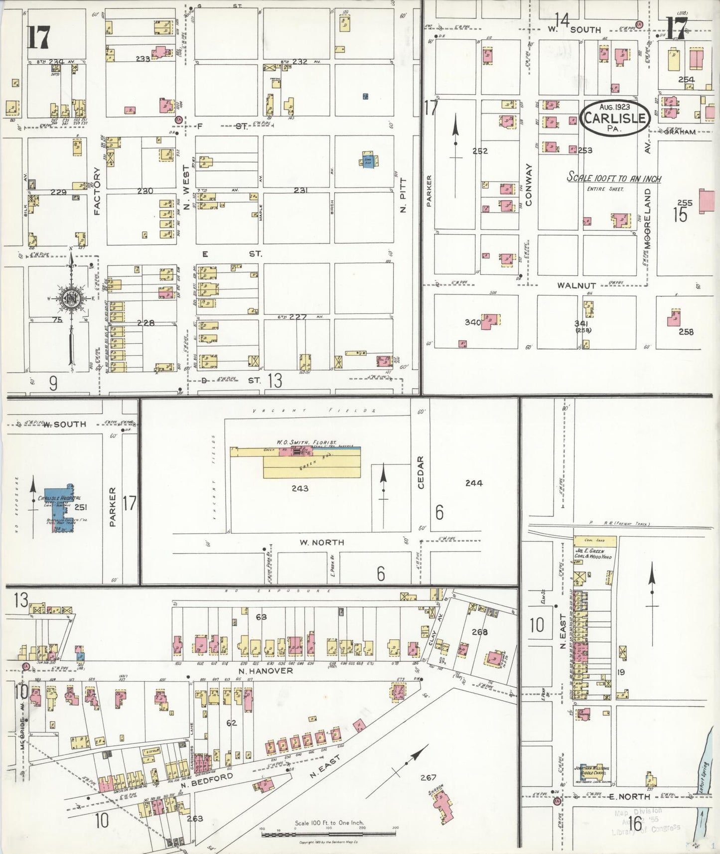 Sanborn Fire Insurance Map from Carlisle, Cumberland County, Pennsylvania (1923), Sheet #0017 - Historic Sanborn Fire Insurance Map Print, vintage old map wall art, antique decor, genealogy gift, Pennsylvania Pennsylvania map