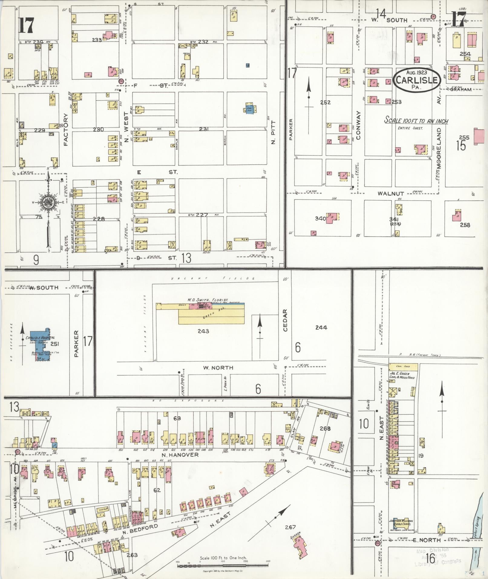 Sanborn Fire Insurance Map from Carlisle, Cumberland County, Pennsylvania (1923), Sheet #0017 - Historic Sanborn Fire Insurance Map Print, vintage old map wall art, antique decor, genealogy gift, Pennsylvania Pennsylvania map