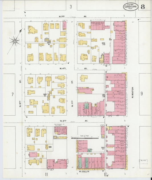 Sanborn Fire Insurance Map from Corsicana, Navarro County, Texas (1905), Sheet #0008 - Historic Sanborn Fire Insurance Map Print, vintage old map wall art, antique decor, genealogy gift, Texas Texas map