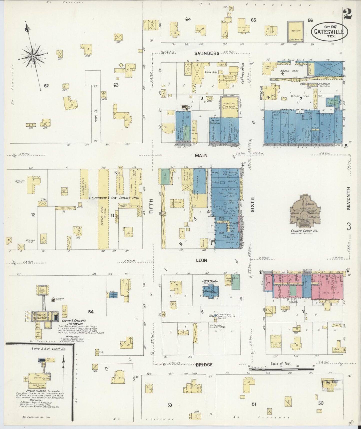 Sanborn Fire Insurance Map from Gatesville, Coryell County, Texas (1907), Sheet #0002 - Complete Map Set gallery image, historic Sanborn map, vintage wall art, Texas Texas
