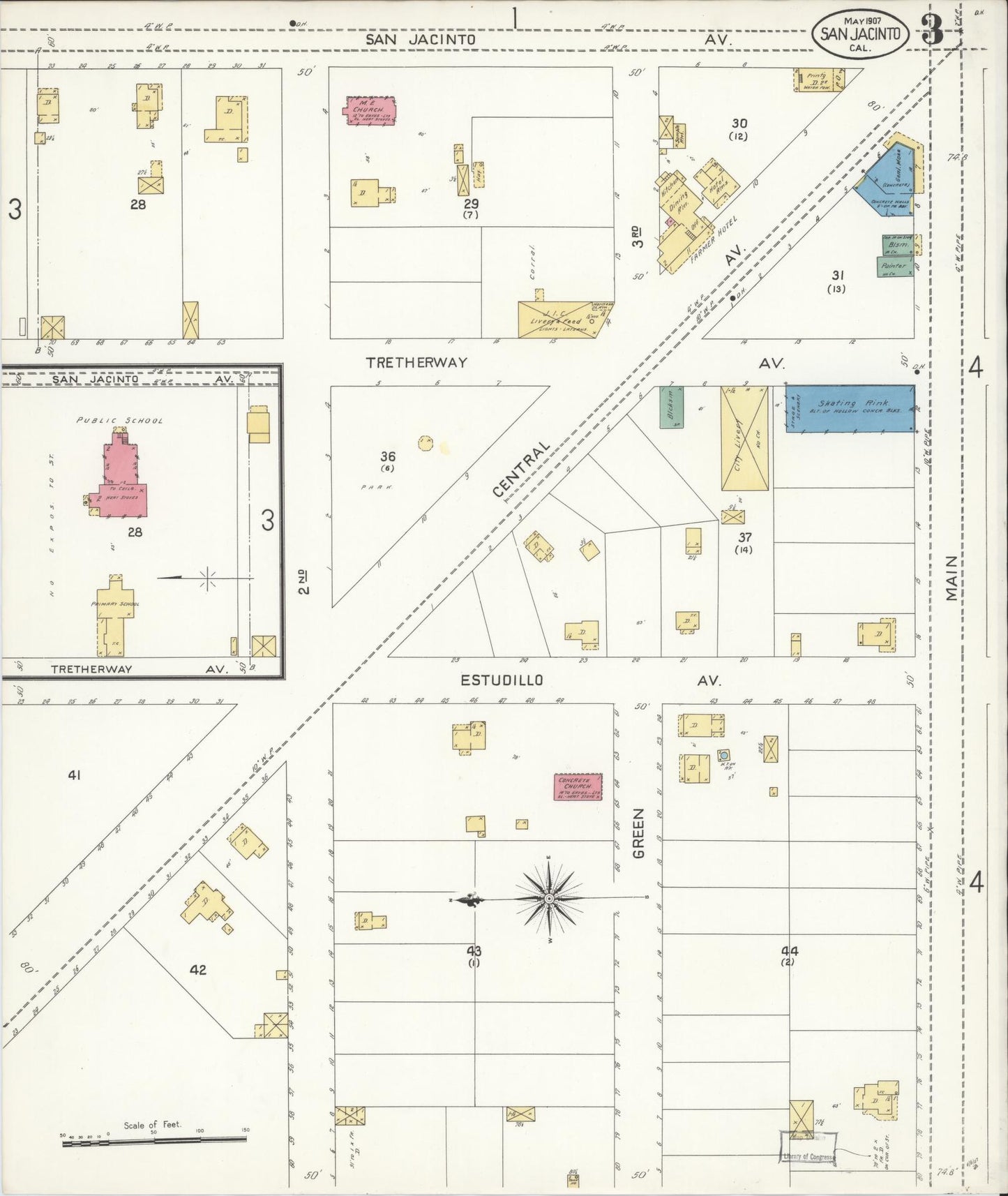 Sanborn Fire Insurance Map from San Jacinto, Riverside County, California (1907), Sheet #0003 - Complete Map Set gallery image, historic Sanborn map, vintage wall art, California California