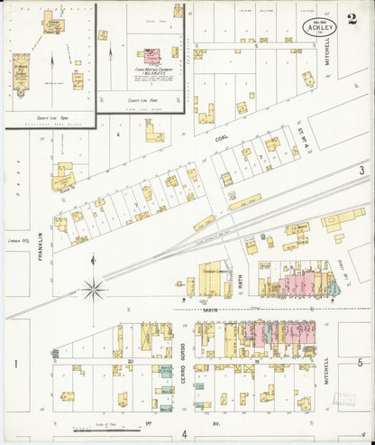 Sanborn Fire Insurance Map from Ackley, Hardin and Franklin Counties, Iowa (1900), Sheet #0002 - Historic Sanborn Fire Insurance Map Print, vintage old map wall art