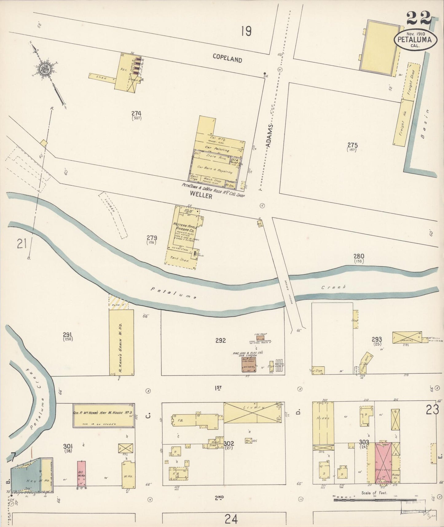 Sanborn Fire Insurance Map from Petaluma, Sonoma County, California (1910), Sheet #0022 - Complete Map Set gallery image, historic Sanborn map, vintage wall art, California California