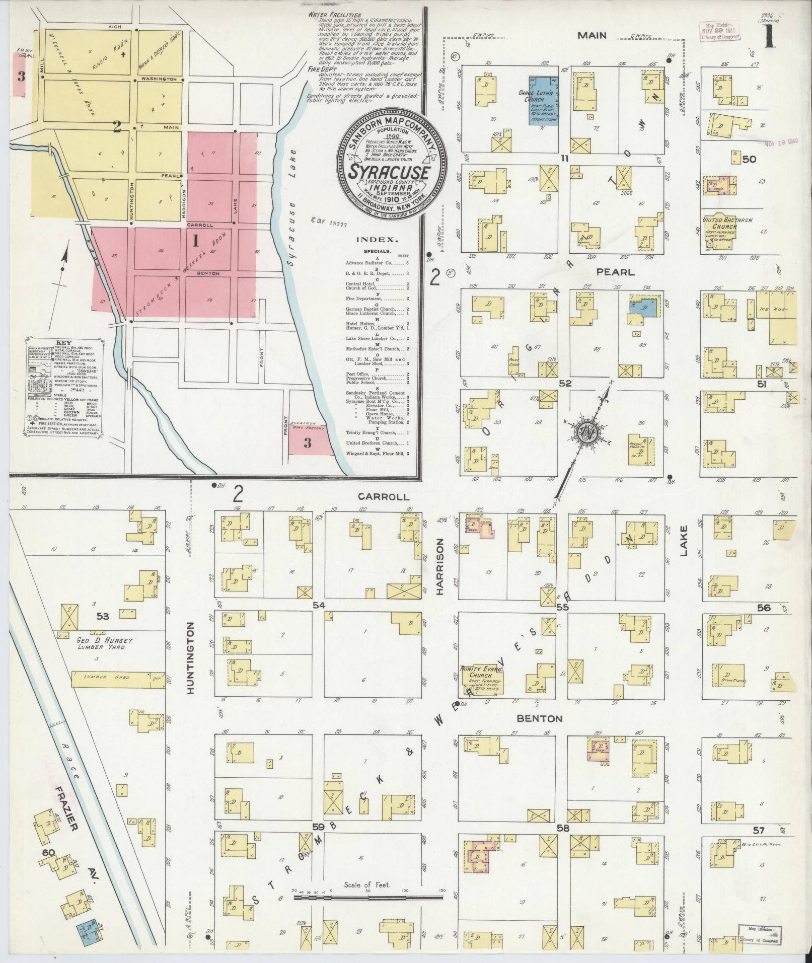Sanborn Fire Insurance Map from Syracuse, Kosciusko County, Indiana (1910), Sheet #0001 - Complete Map Set gallery image, historic Sanborn map, vintage wall art, Indiana Indiana