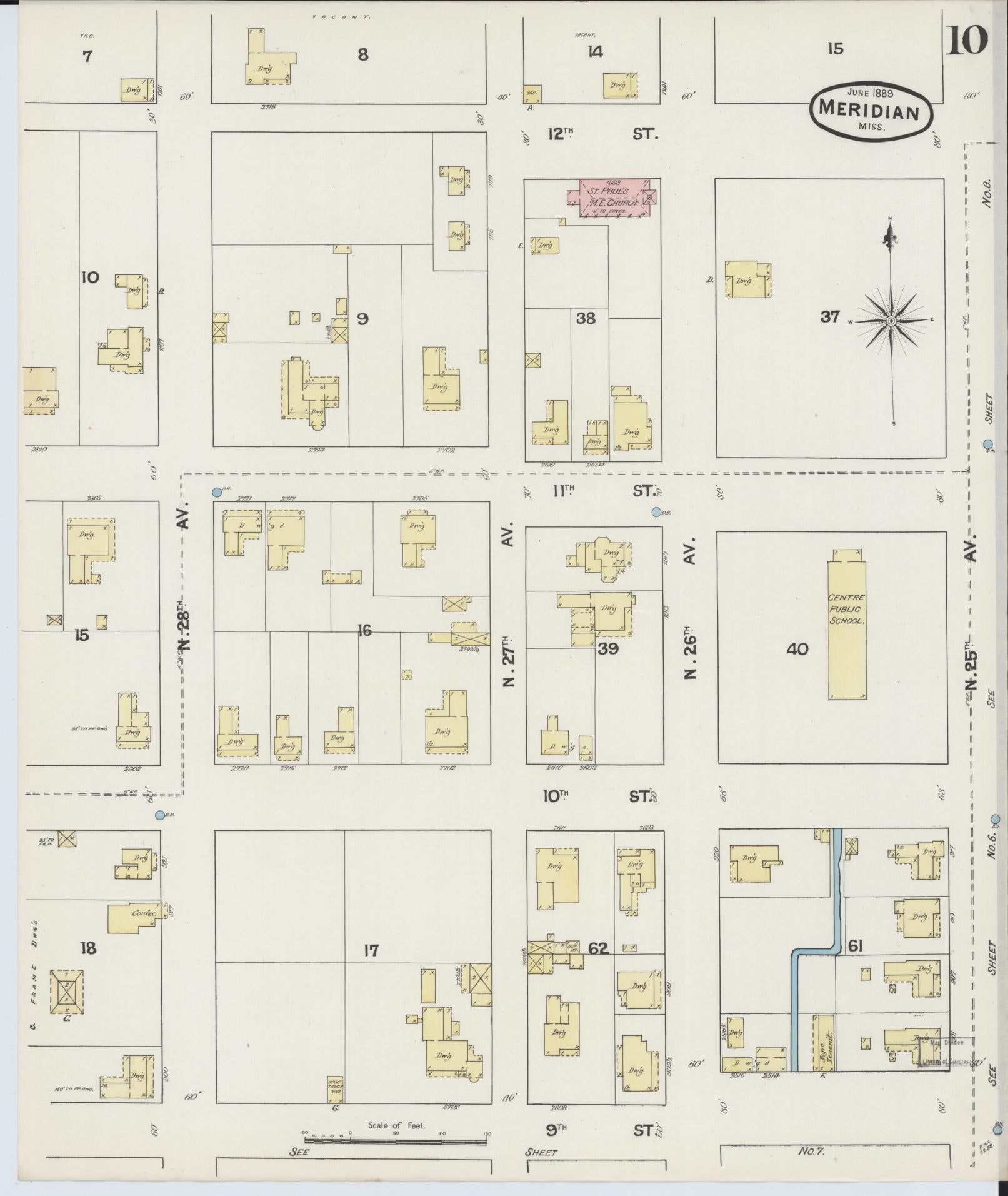 Sanborn Fire Insurance Map from Meridian, Lauderdale County, Mississippi (1889), Sheet #0010 - Complete Map Set gallery image, historic Sanborn map, vintage wall art, Mississippi Mississippi