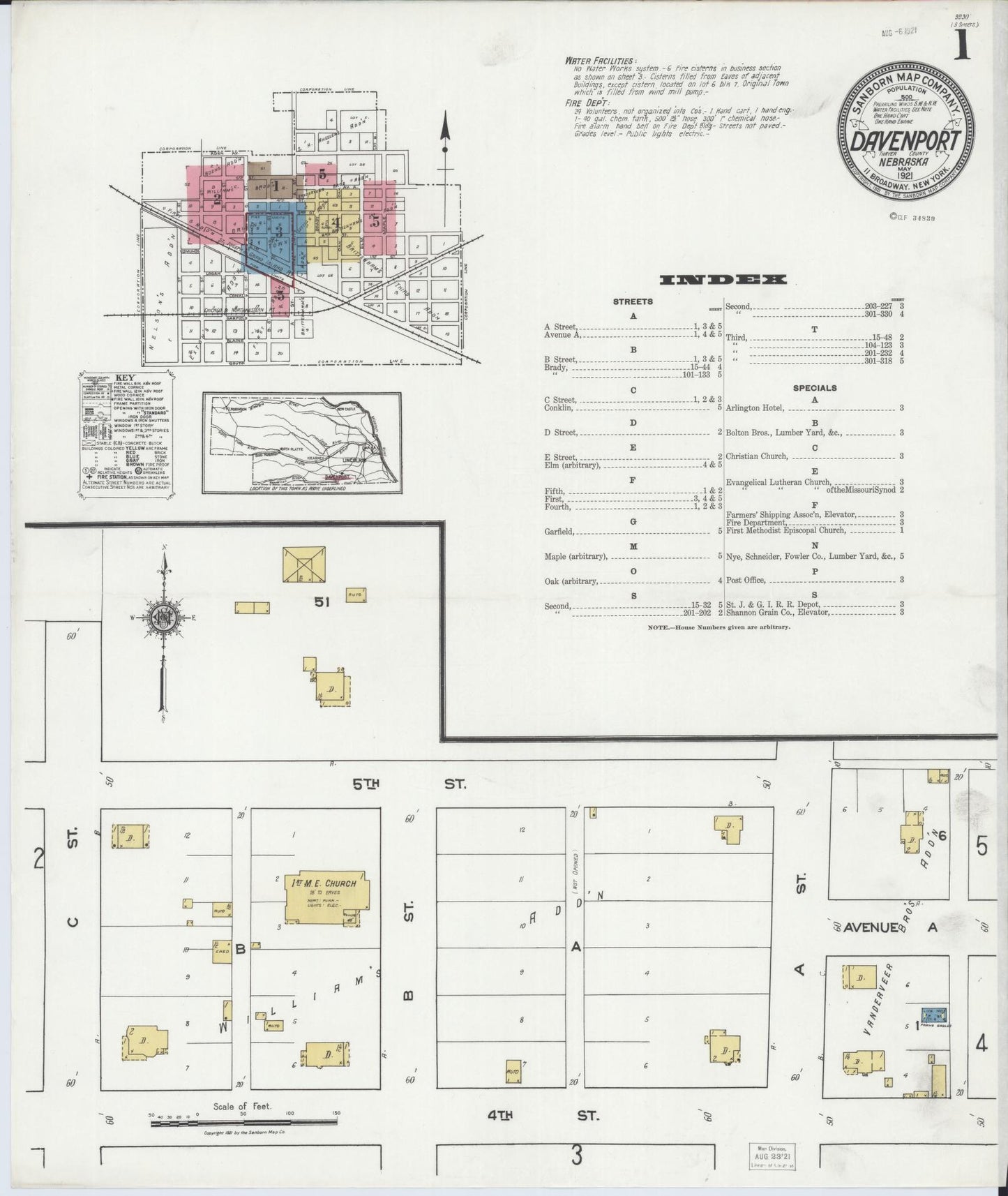 Sanborn Fire Insurance Map from Davenport, Thayer County, Nebraska (1921), Sheet #0001 - Historic Sanborn Fire Insurance Map Print, vintage old map wall art, antique decor, genealogy gift, Nebraska Nebraska map
