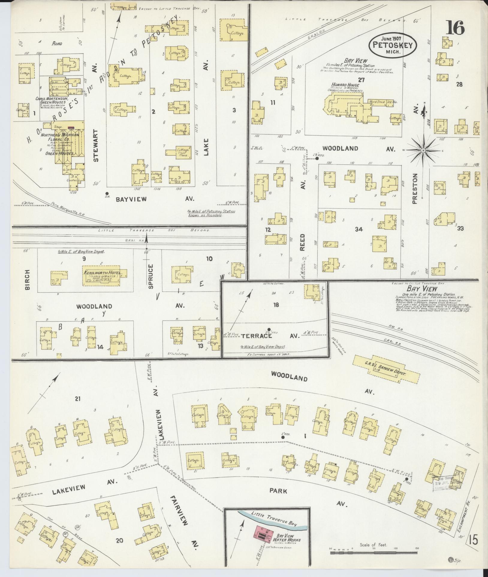Sanborn Fire Insurance Map from Petoskey, Emmet County, Michigan (1907), Sheet #0016 - Complete Map Set gallery image, historic Sanborn map, vintage wall art, Michigan Michigan