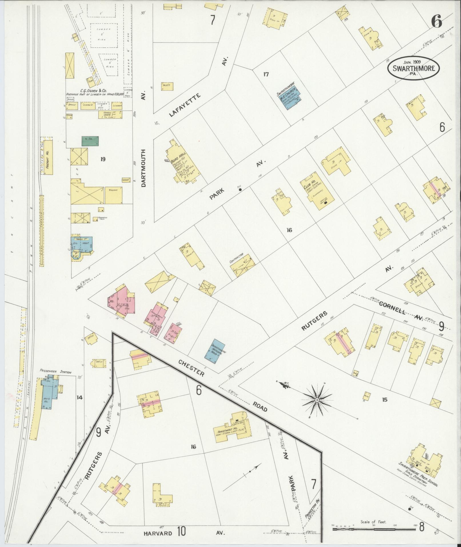 Sanborn Fire Insurance Map from Swarthmore, Delaware County, Pennsylvania (1909), Sheet #0006 - Historic Sanborn Fire Insurance Map Print, vintage old map wall art, antique decor, genealogy gift, Swarthmore Delaware map