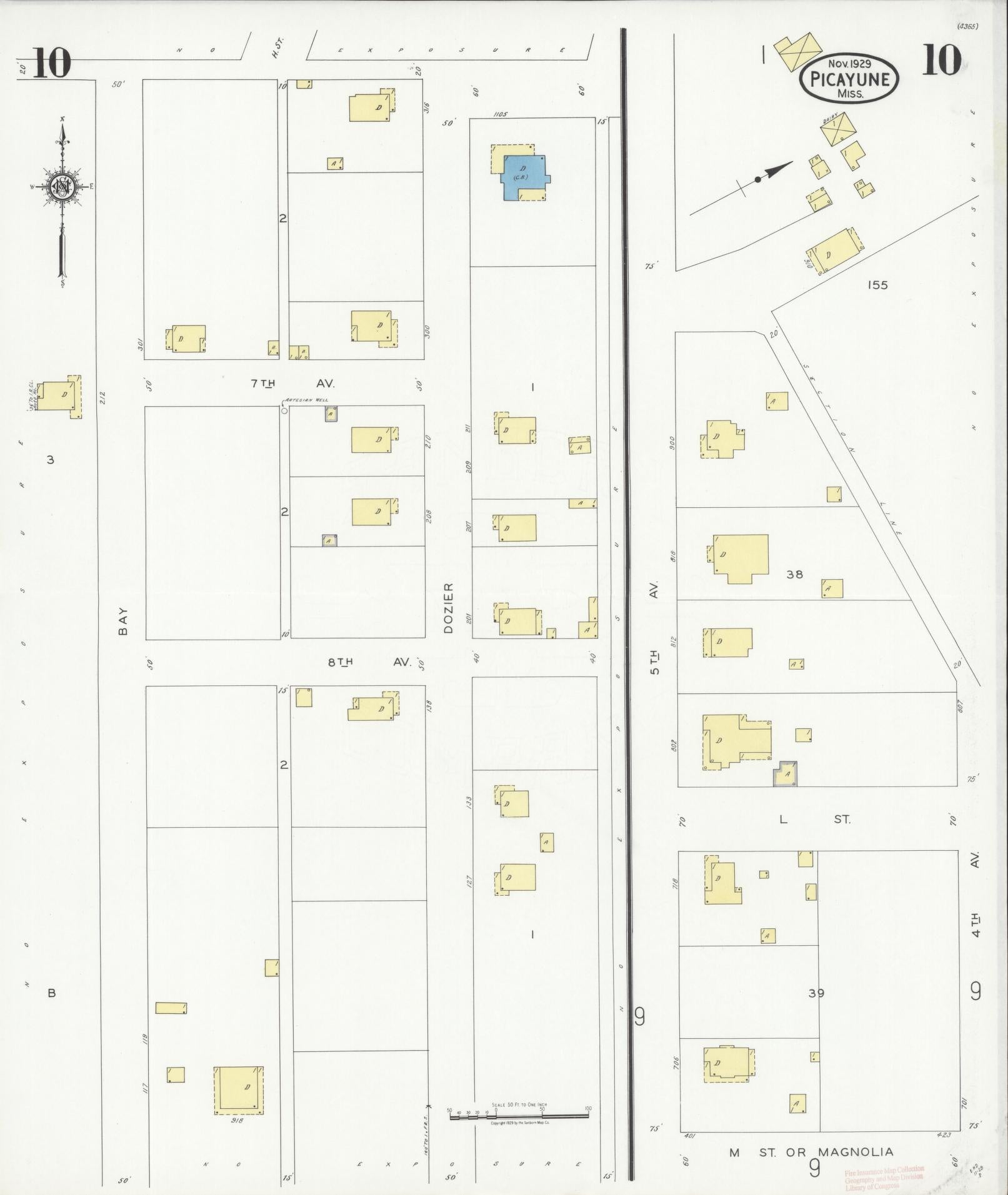 Sanborn Fire Insurance Map from Picayune, Pearl River County, Mississippi (1929), Sheet #0010 - Complete Map Set gallery image, historic Sanborn map, vintage wall art, Mississippi Mississippi