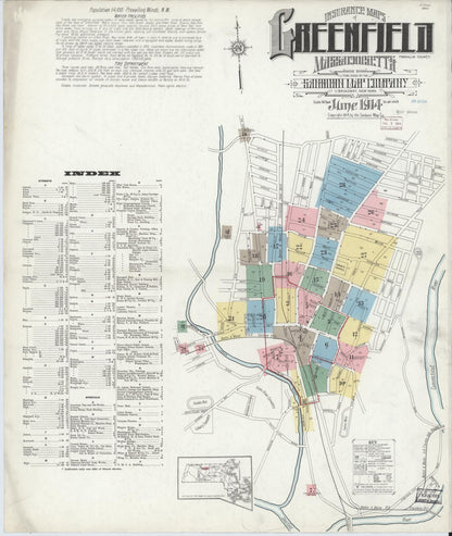 Sanborn Fire Insurance Map from Greenfield, Franklin County, Massachusetts (1914), Sheet #0001 - Complete Map Set gallery image, historic Sanborn map, vintage wall art, Massachusetts Massachusetts