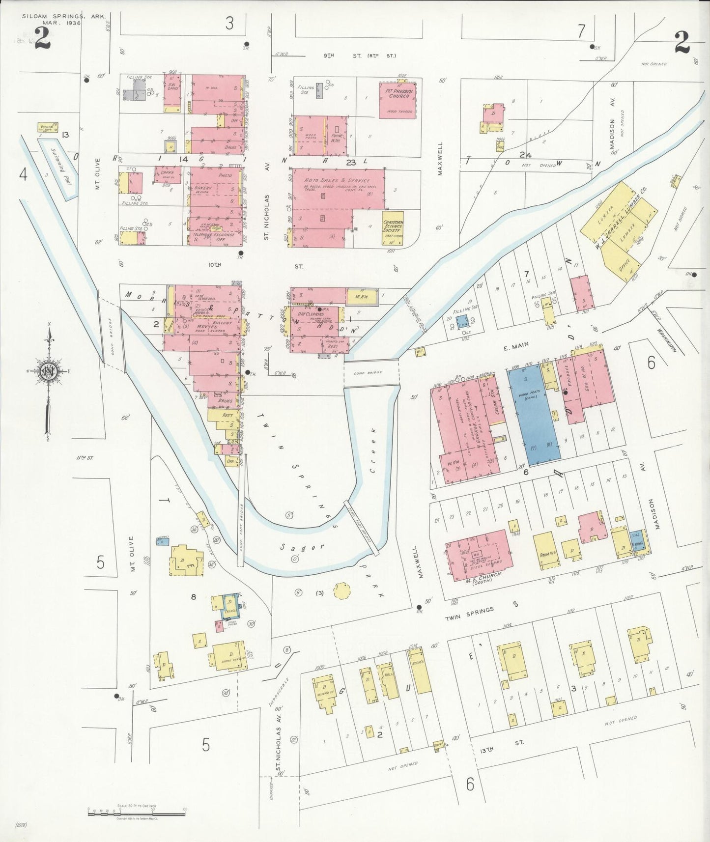 Sanborn Fire Insurance Map from Siloam Springs, Benton County, Arkansas (1936), Sheet #0002 - Historic Sanborn Fire Insurance Map Print, vintage old map wall art, antique decor, genealogy gift, Arkansas Arkansas map