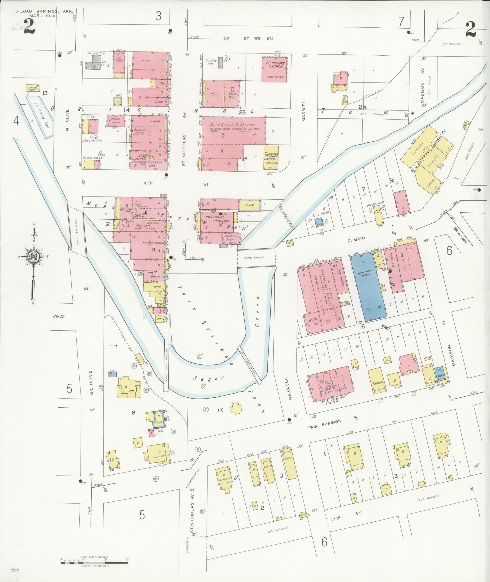 Sanborn Fire Insurance Map from Siloam Springs, Benton County, Arkansas (1936), Sheet #0002 - Historic Sanborn Fire Insurance Map Print, vintage old map wall art, antique decor, genealogy gift, Arkansas Arkansas map
