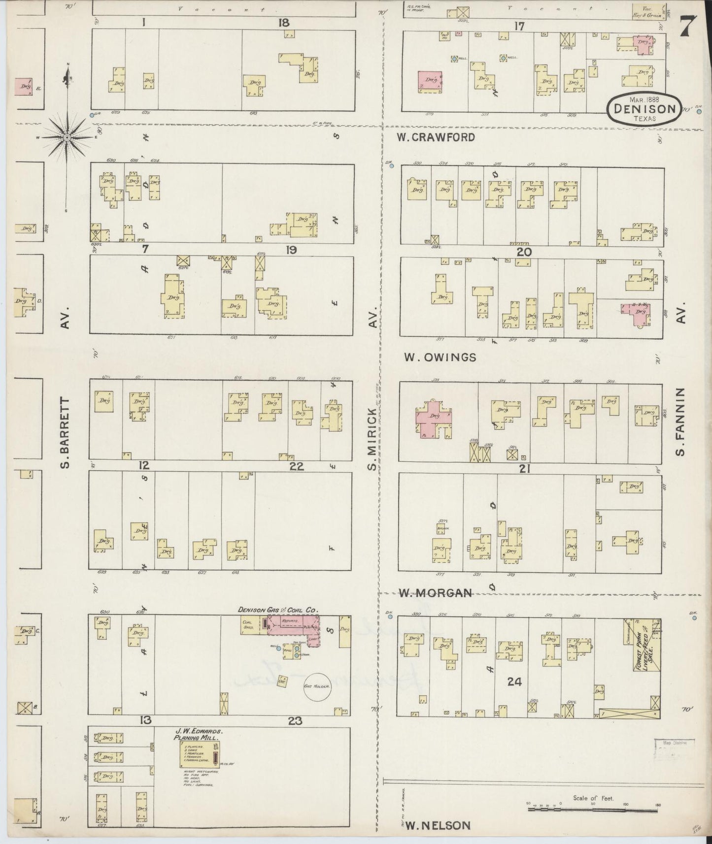 Sanborn Fire Insurance Map from Denison, Grayson County, Texas (1888), Sheet #0007 - Historic Sanborn Fire Insurance Map Print, vintage old map wall art, antique decor, genealogy gift, Texas Texas map