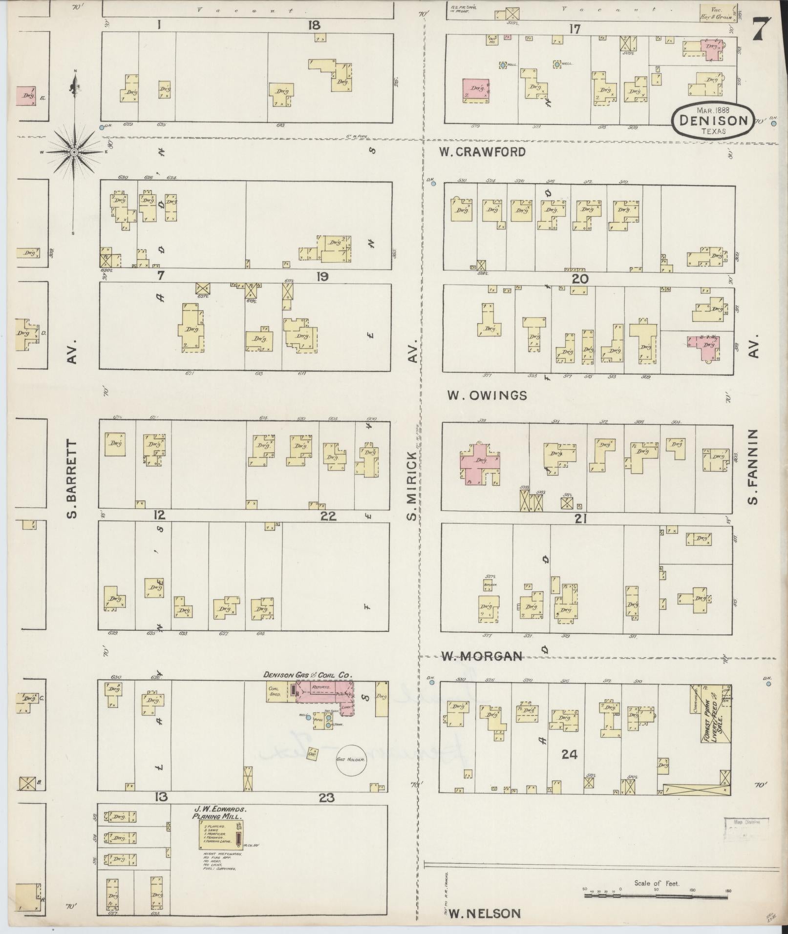 Sanborn Fire Insurance Map from Denison, Grayson County, Texas (1888), Sheet #0007 - Historic Sanborn Fire Insurance Map Print, vintage old map wall art, antique decor, genealogy gift, Texas Texas map