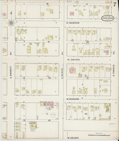 Sanborn Fire Insurance Map from Denison, Grayson County, Texas (1888), Sheet #0007 - Historic Sanborn Fire Insurance Map Print, vintage old map wall art, antique decor, genealogy gift, Texas Texas map