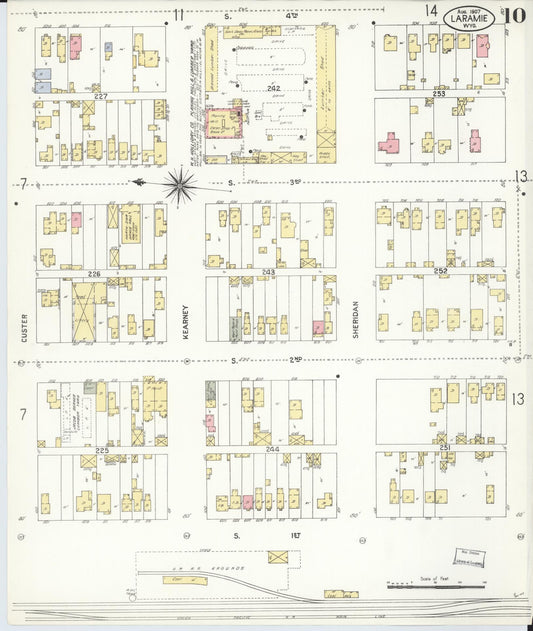 Sanborn Fire Insurance Map from Laramie, Albany County, Wyoming (1907), Sheet #0010 - Historic Sanborn Fire Insurance Map Print, vintage old map wall art, antique decor, genealogy gift, Wyoming Wyoming map