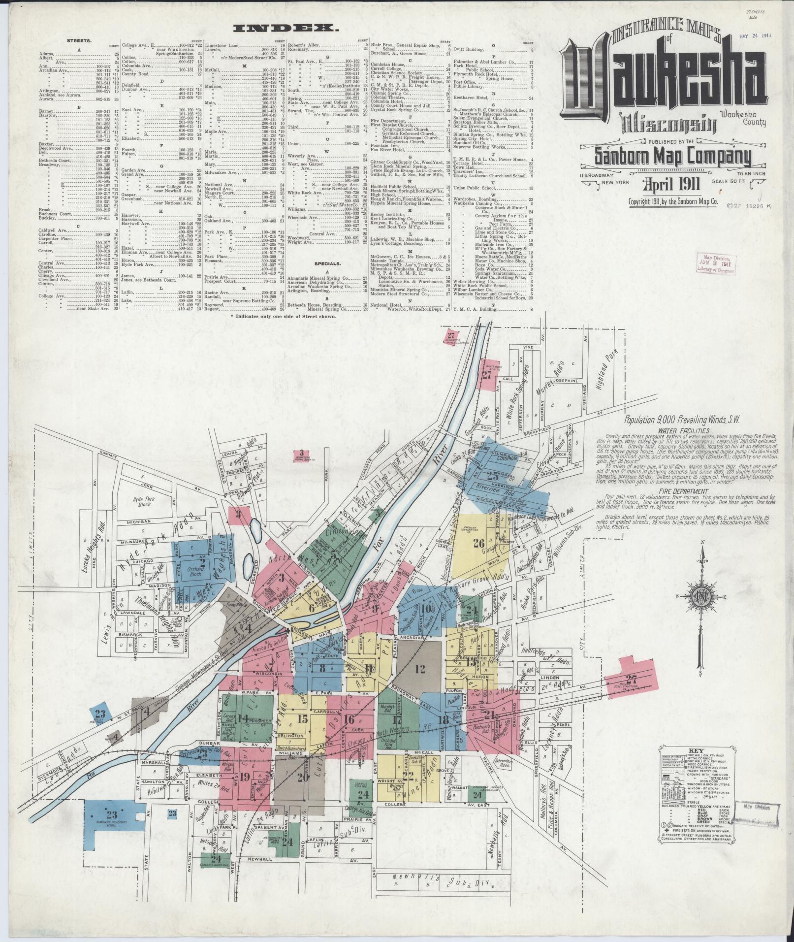 Sanborn Fire Insurance Map from Waukesha, Waukesha County, Wisconsin (1911), Sheet #0001 - Historic Sanborn Fire Insurance Map Print, vintage old map wall art, antique decor, genealogy gift, Wisconsin Wisconsin map