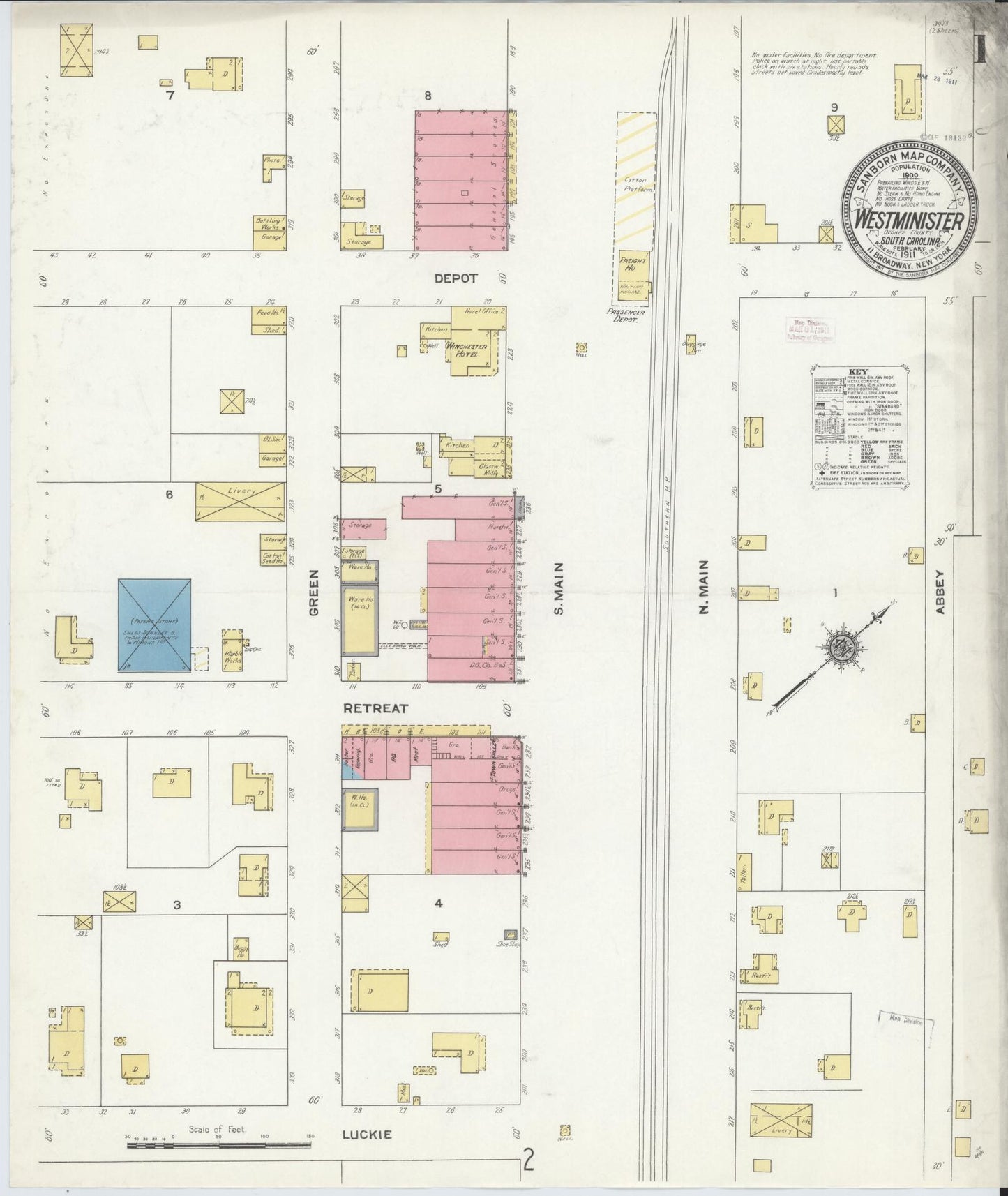 Sanborn Fire Insurance Map from Westminster, Oconee County, South Carolina (1911), Sheet #0001 - Complete Map Set gallery image, historic Sanborn map, vintage wall art, South Carolina South Carolina