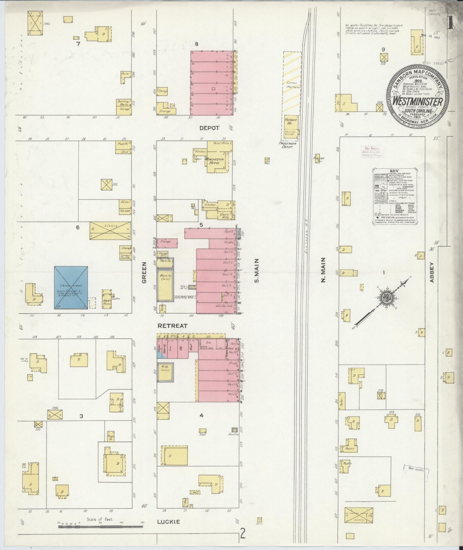 Sanborn Fire Insurance Map from Westminster, Oconee County, South Carolina (1911), Sheet #0001 - Complete Map Set gallery image, historic Sanborn map, vintage wall art, South Carolina South Carolina