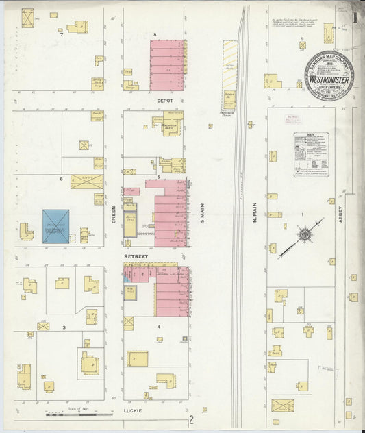 Sanborn Fire Insurance Map from Westminster, Oconee County, South Carolina (1911), Sheet #0001 - Complete Map Set gallery image, historic Sanborn map, vintage wall art, South Carolina South Carolina
