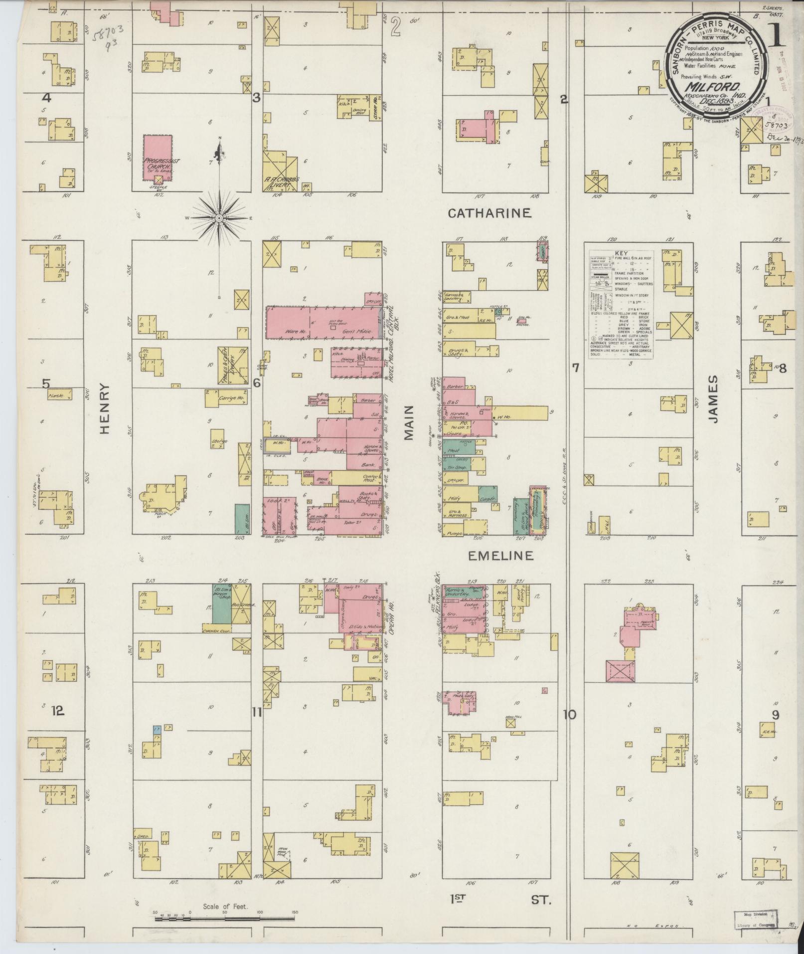Sanborn Fire Insurance Map from Milford, Kosciusko County, Indiana (1893), Sheet #0001 - Complete Map Set gallery image, historic Sanborn map, vintage wall art, Indiana Indiana