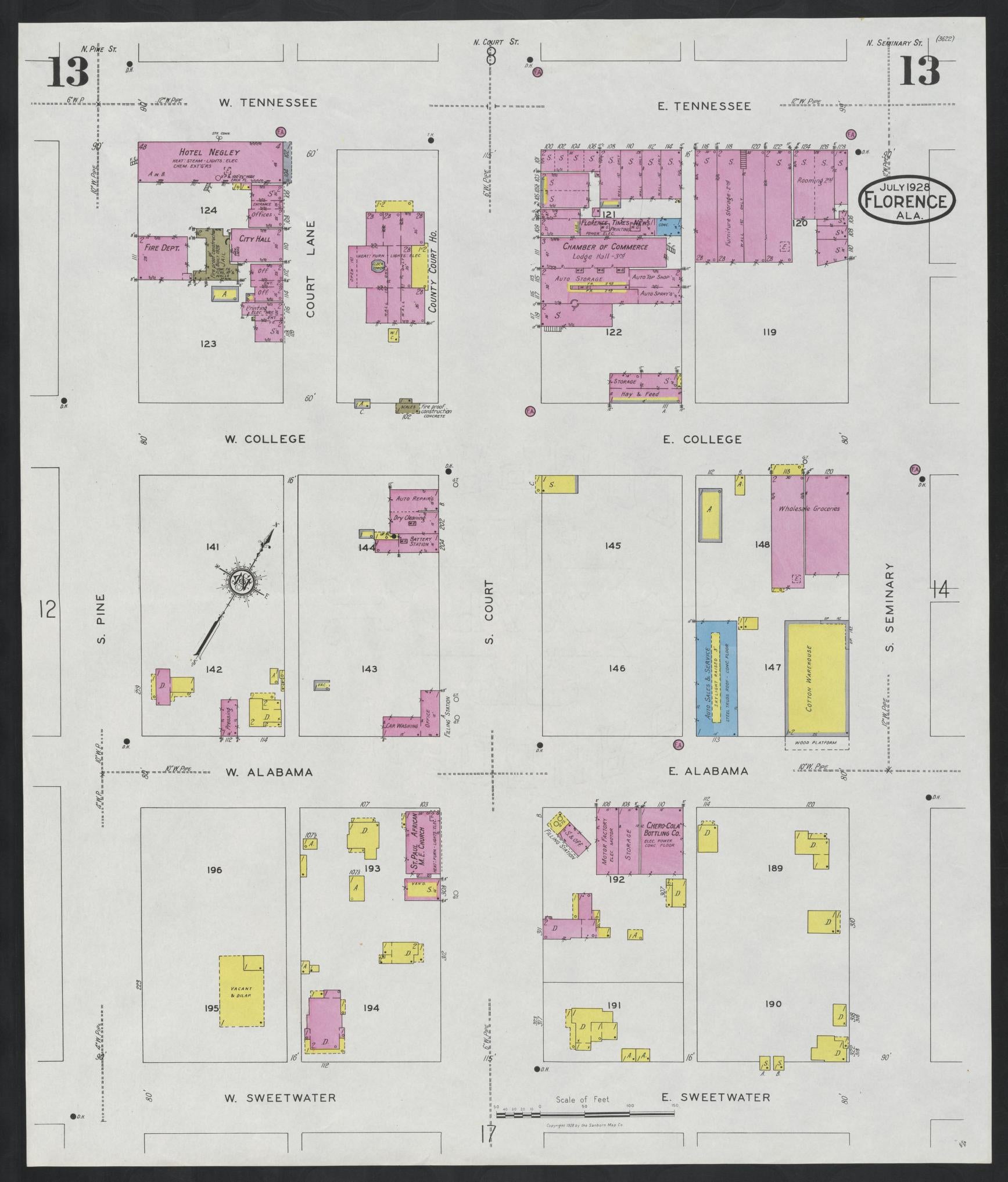 Sanborn Fire Insurance Map from Florence, Lauderdale County, Alabama (1928), Sheet #0013 - Historic Sanborn Fire Insurance Map Print, vintage old map wall art, antique decor, genealogy gift, Alabama Alabama map