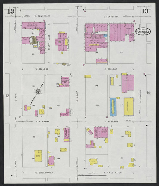 Sanborn Fire Insurance Map from Florence, Lauderdale County, Alabama (1928), Sheet #0013 - Historic Sanborn Fire Insurance Map Print, vintage old map wall art, antique decor, genealogy gift, Alabama Alabama map