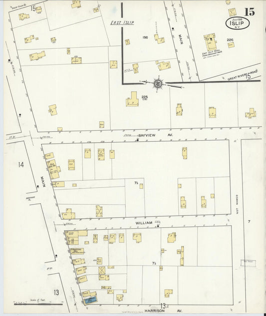 Sanborn Fire Insurance Map from Islip, Suffolk County, New York (1916), Sheet #0015 - Historic Sanborn Fire Insurance Map Print, vintage old map wall art, antique decor, genealogy gift, New York New York map