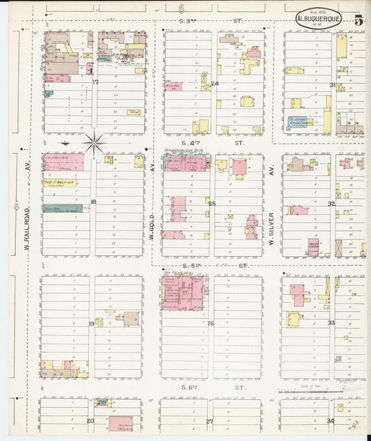 Sanborn Fire Insurance Map from Albuquerque, Bernalillo County, New Mexico (1893), Sheet #0005 - Historic Sanborn Fire Insurance Map Print, vintage old map wall art, antique decor, genealogy gift, New Mexico New Mexico map