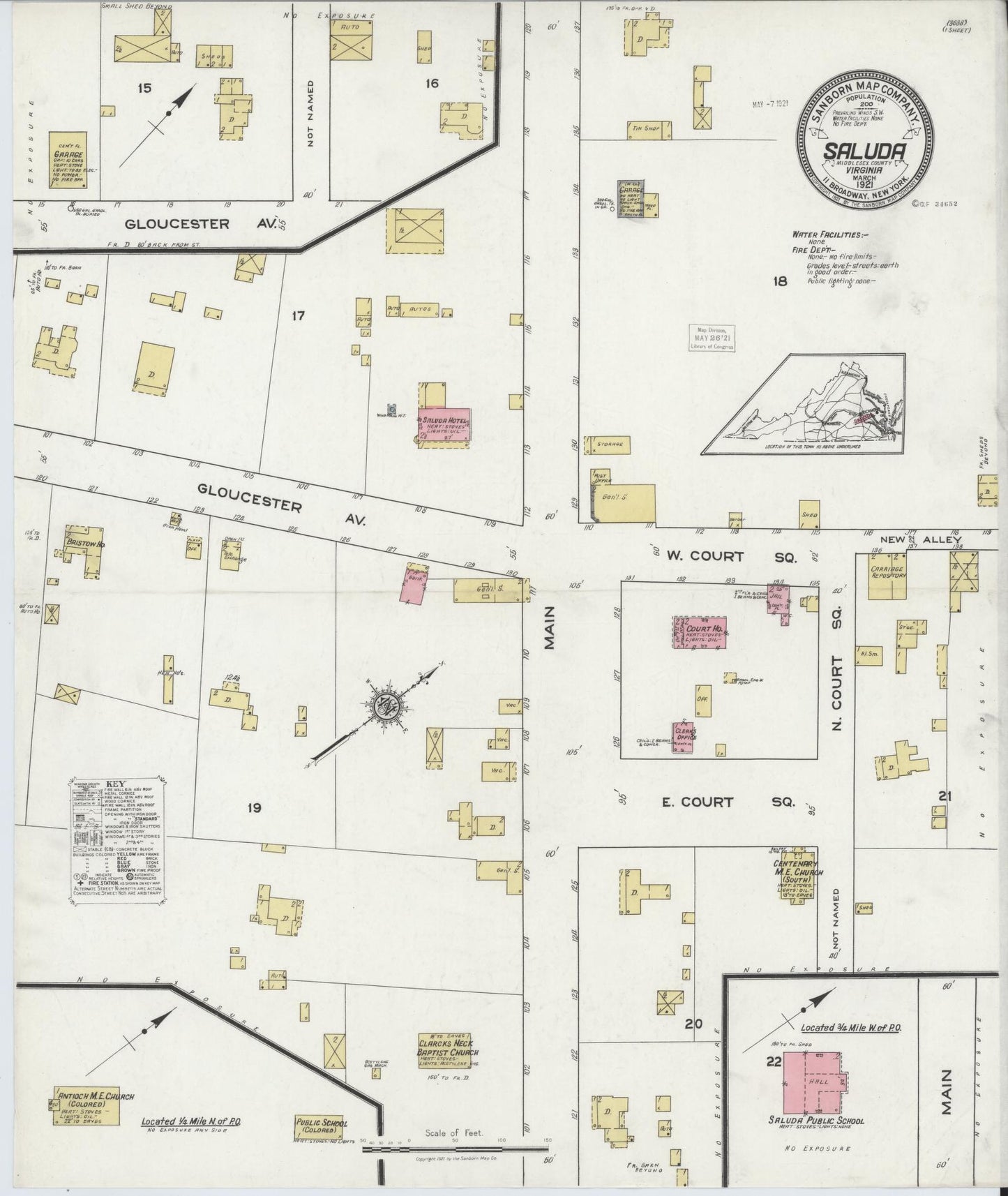 Sanborn Fire Insurance Map from Saluda, Middlesex County, Virginia (1921), Sheet #0001 - Historic Sanborn Fire Insurance Map Print, vintage old map wall art, antique decor, genealogy gift, Virginia Virginia map