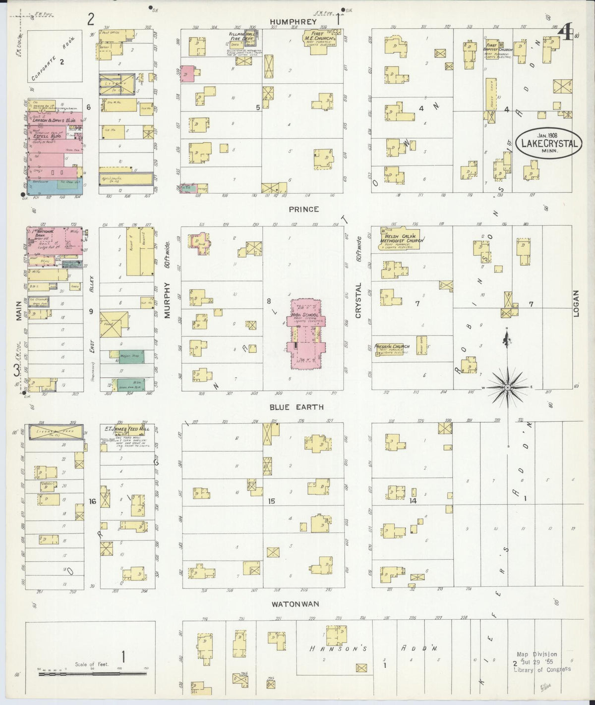 Sanborn Fire Insurance Map from Lake Crystal, Blue Earth County, Minnesota (1908), Sheet #0004 - Historic Sanborn Fire Insurance Map Print, vintage old map wall art, antique decor, genealogy gift, Minnesota Minnesota map