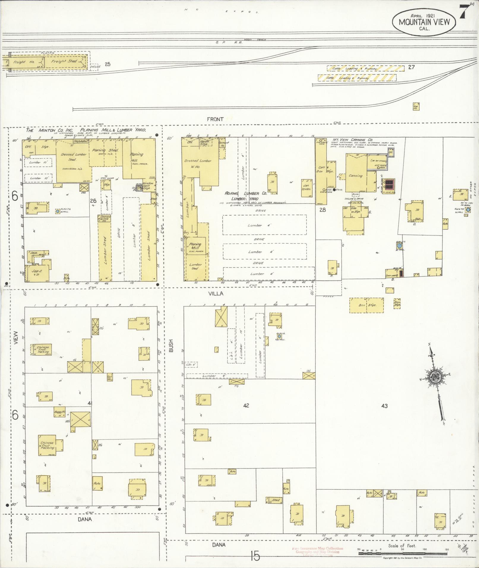 Sanborn Fire Insurance Map from Mountain View, Santa Clara County, California (1921), Sheet #0007 - Complete Map Set gallery image, historic Sanborn map, vintage wall art, California California