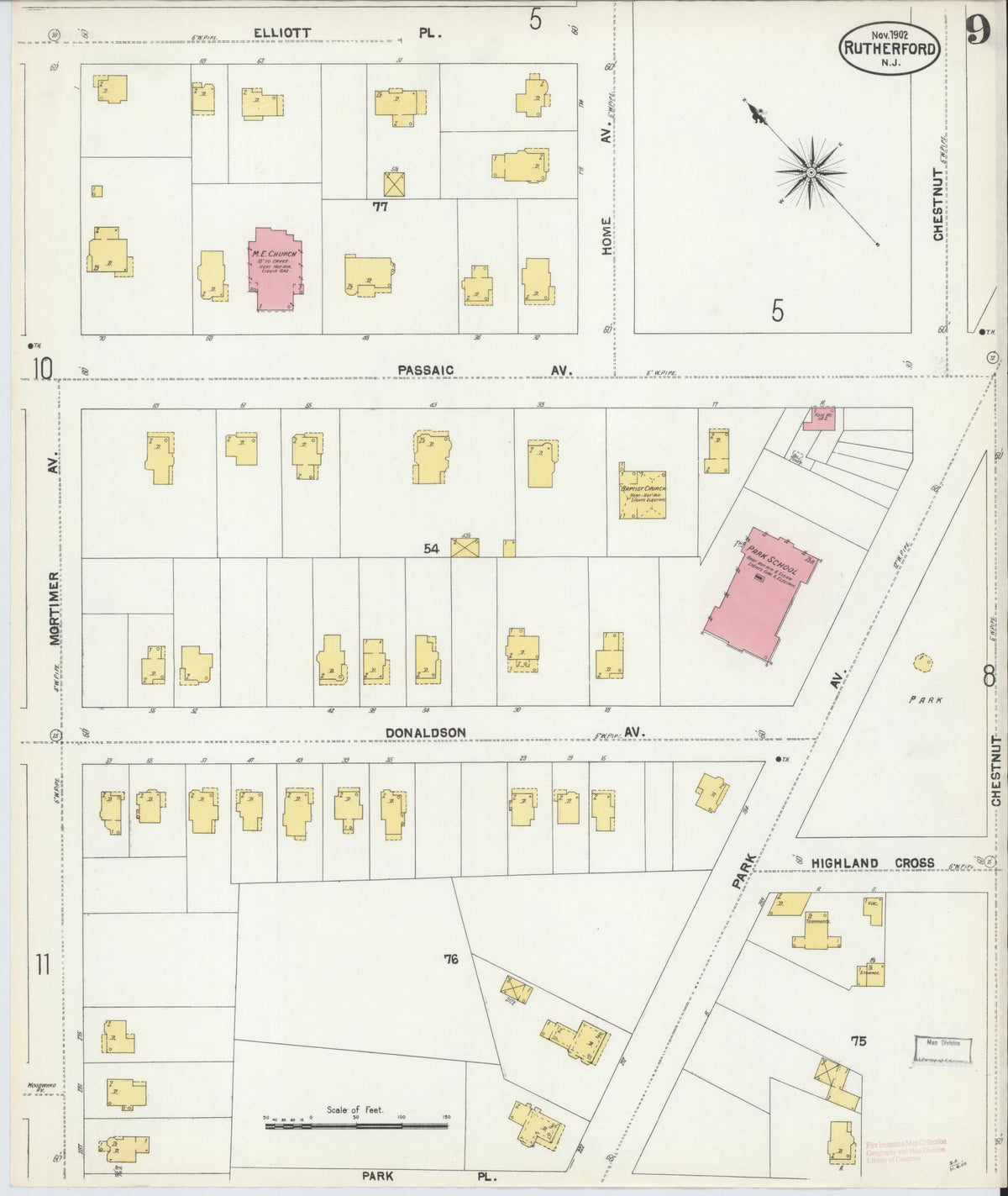 Sanborn Fire Insurance Map from Rutherford, Bergen County, New Jersey (1902), Sheet #0009 - Historic Sanborn Fire Insurance Map Print, vintage old map wall art, antique decor, genealogy gift, New Jersey New Jersey map