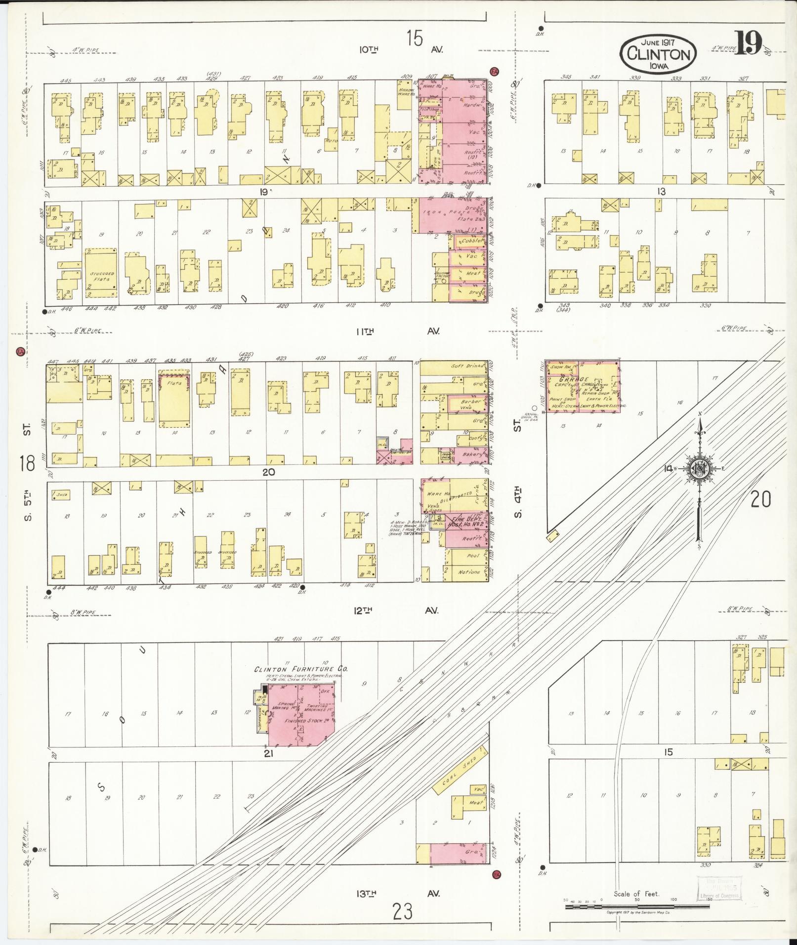 Sanborn Fire Insurance Map from Clinton, Clinton County, Iowa (1917), Sheet #0019 - Historic Sanborn Fire Insurance Map Print, vintage old map wall art