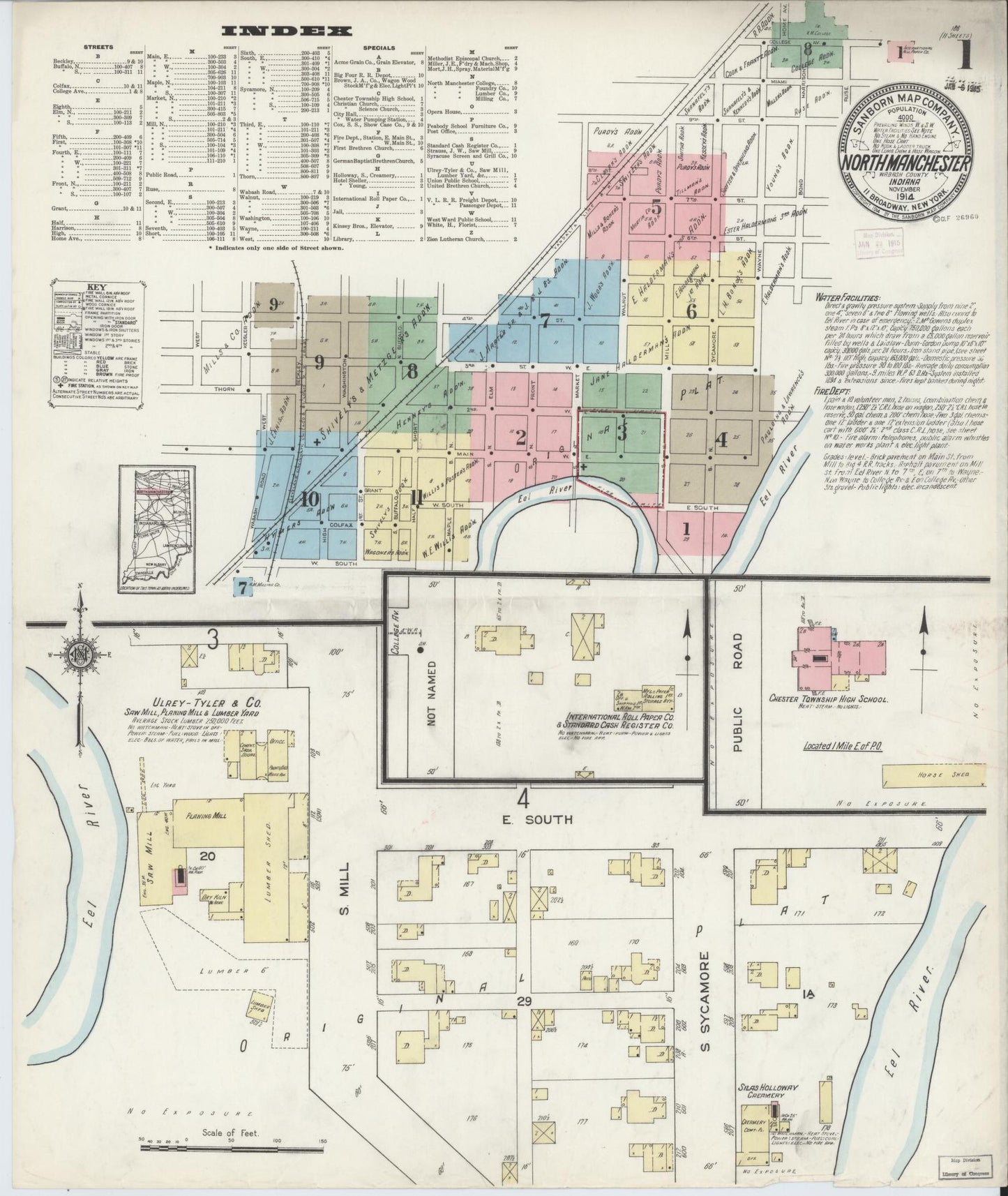 Sanborn Fire Insurance Map from North Manchester, Wabash County, Indiana (1914), Sheet #0001 - Complete Map Set gallery image, historic Sanborn map, vintage wall art, Indiana Indiana