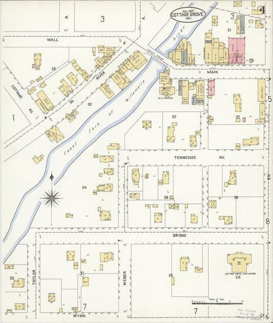 Sanborn Fire Insurance Map from Cottage Grove, Lane County, Oregon (1907), Sheet #0004 - Historic Sanborn Fire Insurance Map Print, vintage old map wall art, antique decor, genealogy gift, Oregon Oregon map