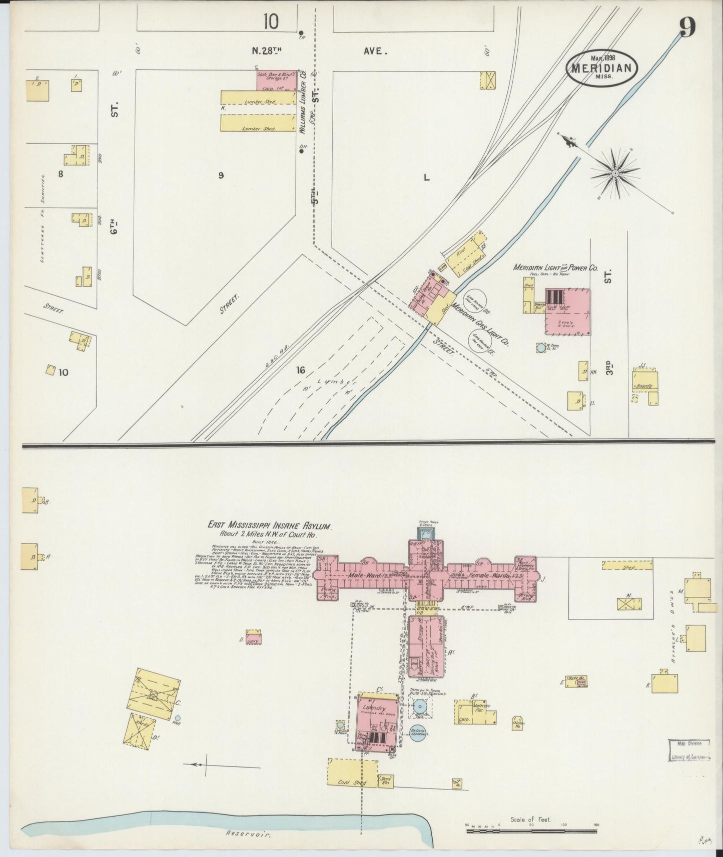 Sanborn Fire Insurance Map from Meridian, Lauderdale County, Mississippi (1898), Sheet #0009 - Complete Map Set gallery image, historic Sanborn map, vintage wall art, Mississippi Mississippi
