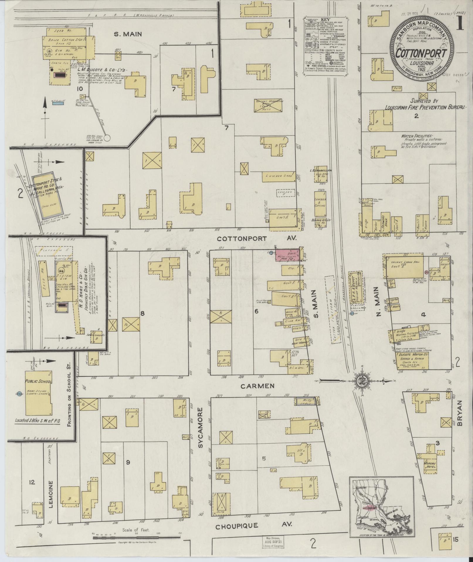Sanborn Fire Insurance Map from Cottonport, Avoyelles Parish, Louisiana (1921), Sheet #0001 - Complete Map Set gallery image, historic Sanborn map, vintage wall art, Louisiana Louisiana